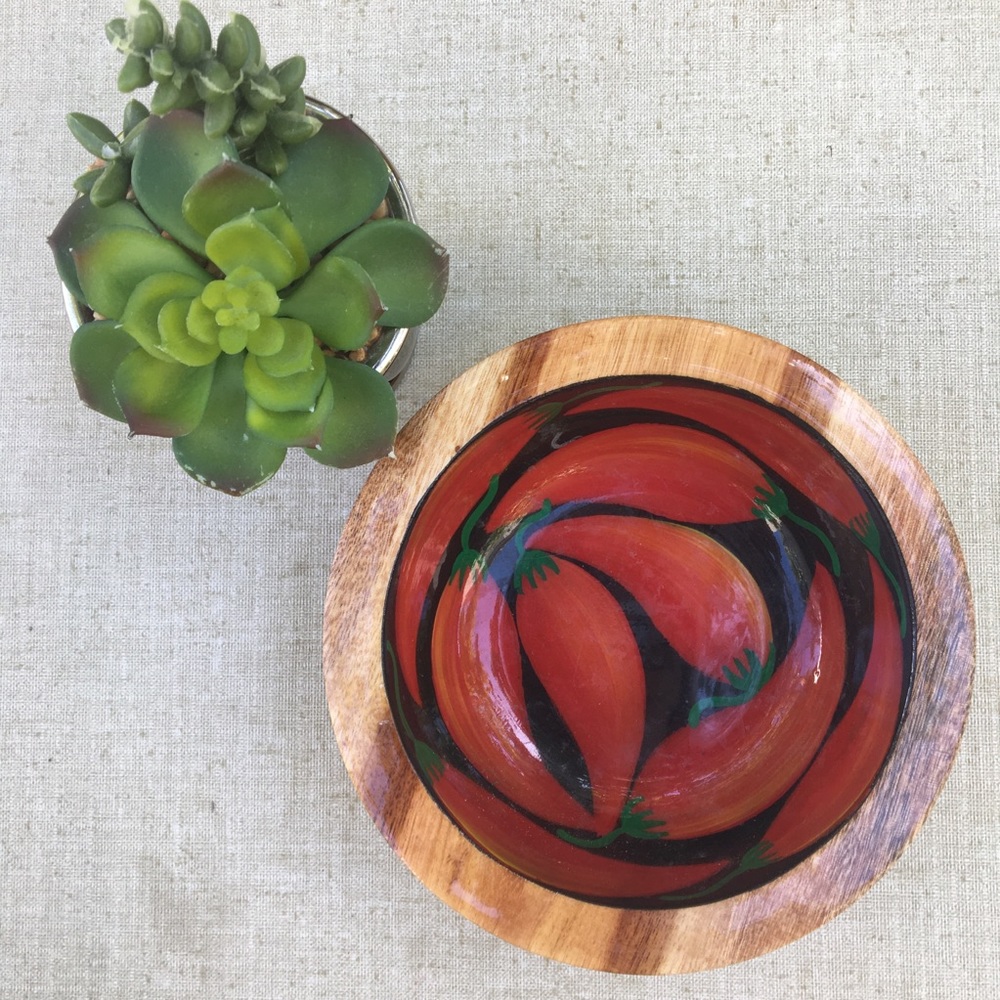 Red jalapeño red peppers wood bowl kitchen salsa